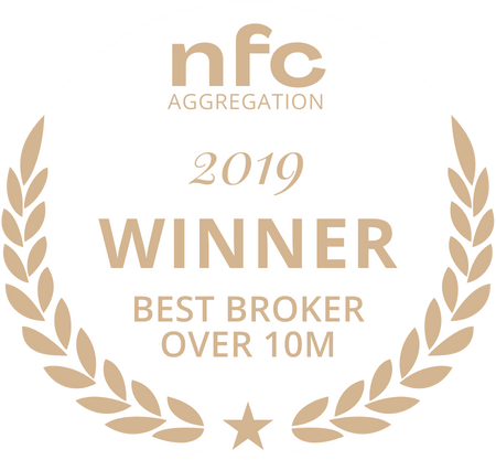 Circular award badge: 2019 Winner – Best Broker Over 10M, with laurel wreath and NFC Aggregation branding
