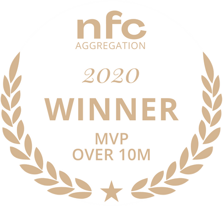 Circular gold laurel-wreath award badge reading '2020 WINNER MVP OVER 10M' with the 'nfc Aggregation' logo at the top.
