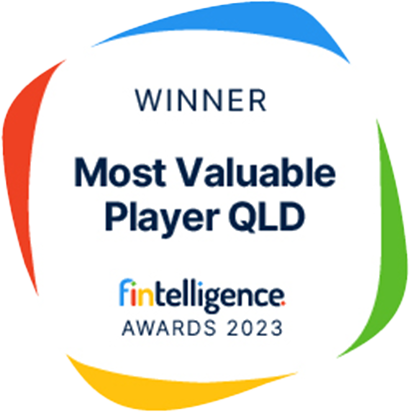 Award badge: WINNER Most Valuable Player QLD, Fin-telligence Awards 2023, surrounded by blue, red, yellow and green arcs.