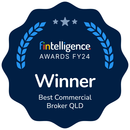 Award badge reading 'fintelligence AWARDS FY24' with laurel branches and stars, announcing 'Winner' for Best Commercial Broker QLD.