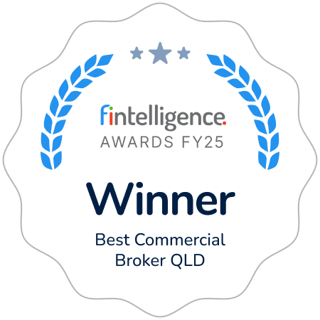 Award badge: 'Winner Best Commercial Broker QLD' from Fin Intelligence Awards FY25, framed by blue laurel branches and three stars.