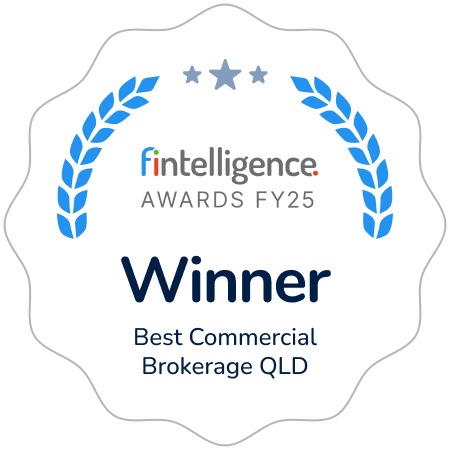 Fintelligence Awards FY25 badge: Winner, Best Commercial Brokerage QLD, with blue laurel wreath and three stars above