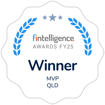 Award badge for FY25 fintelligence Awards, with blue laurel and stars, displaying "Winner MVP QLD".
